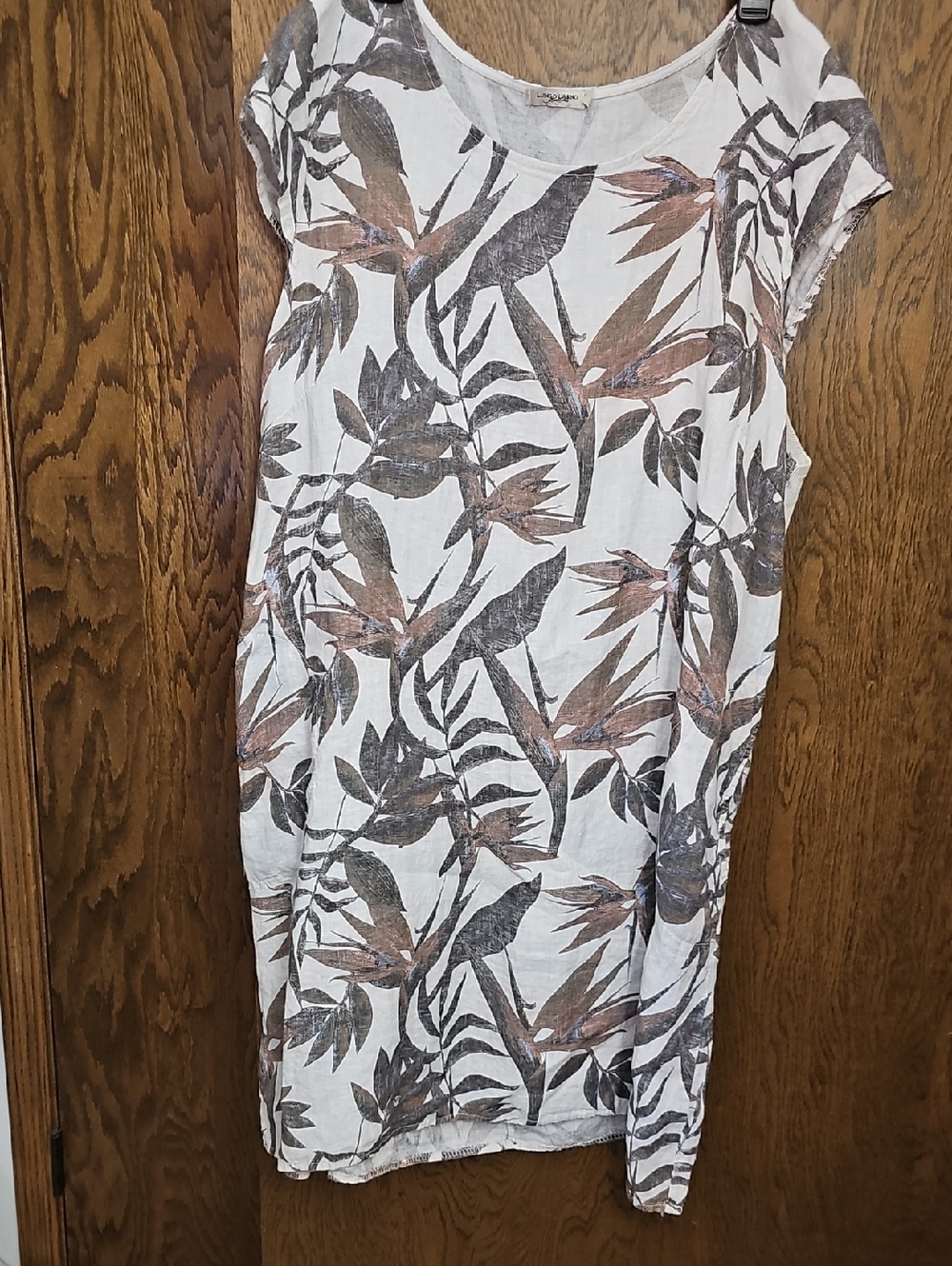 Women’s White Linen-Blend Midi Dress with Brown Leaf Print